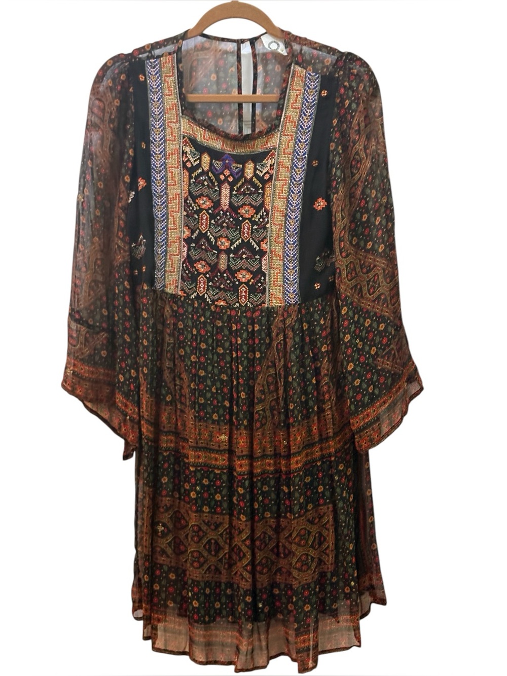Anthropologie Akemi+Kin Munro Dark Floral Embroider Beaded Dress Sheer Sz S Boho